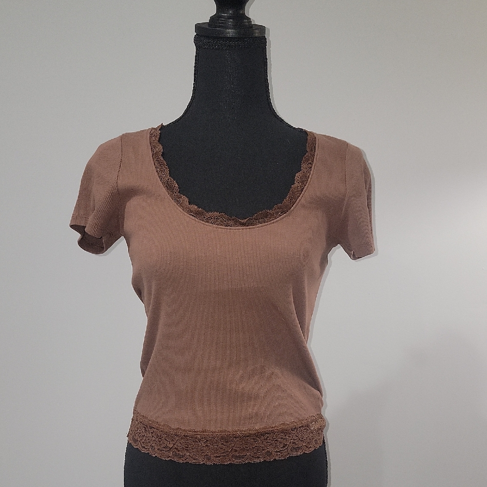 Brown Lace Trim Women's Top